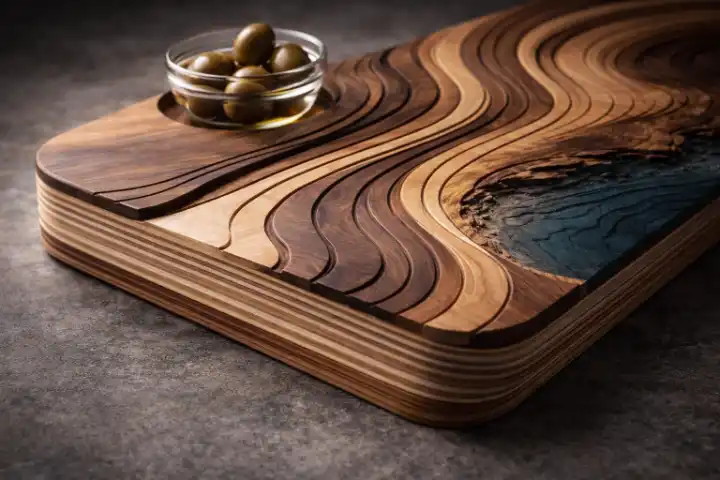 Bathymetric wooden boards with layered plywood and sculpted contours — tactile pieces where craftsmanship and topographic design meet in a refined, contemporary form.