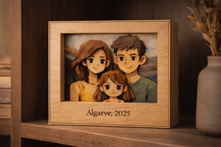 Layered wooden shadow box with a family portrait and engraved text “Algarve, 2025” on a shelf.