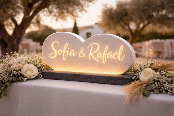 Heart-shaped illuminated wooden sign with names on a stone base in a warm outdoor setting.