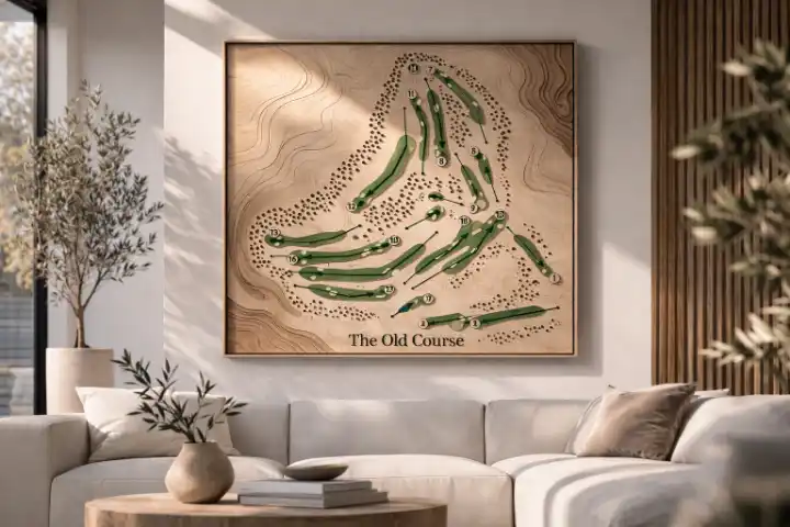Layered relief map of The Old Course — a handcrafted topographic artwork capturing fairways, bunkers, and coastal contours as a refined statement piece for modern interiors.